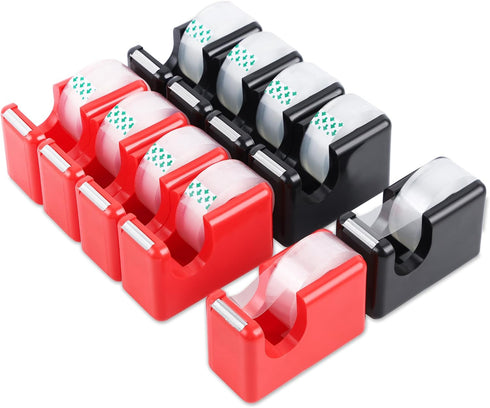 Lichamp 10 Pack Office Desktop Tape Dispenser with 10 Rolls of 1 Inch Core Tape, Red and Black