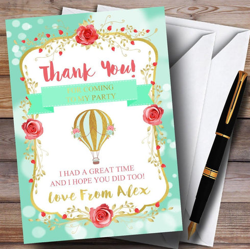 The Card Zoo Green & Gold Hot Air Balloon Girls Party Thank You Cards