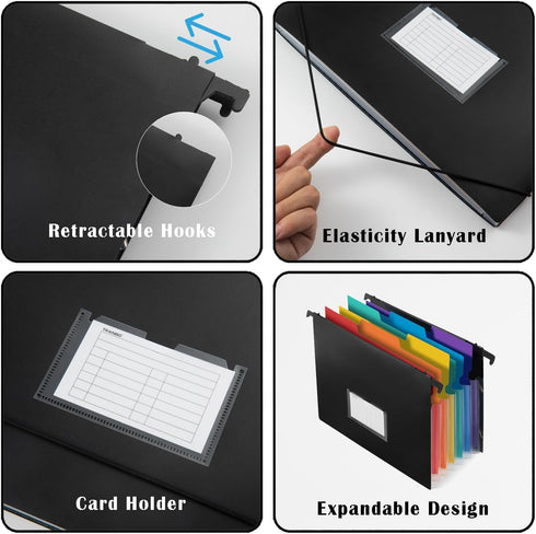 TRANBO 2-in-1 Expanding Hanging File Folders, 7 Pockets Accordion File Organizer with Retractable Hook, 3 Pack
