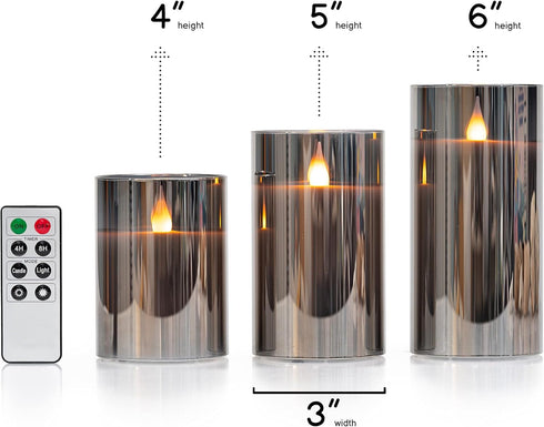 WYZworks Silver Gray Metallic LED Tinted Glass Mirrored Flameless Pillar Candles, Set of 3 with Remote Control