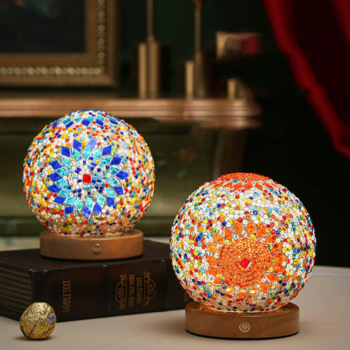 3 Dimming (style2-blue) Romantic Night Light, Nordic Style Mosaic Glass Table Lamp Rechargeable Bedside Lamp Color