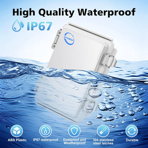 Waterproof Outdoor IP67 Junction Box with Mounting Plate, Hinged Grey Cover, Weatherproof ABS Plastic