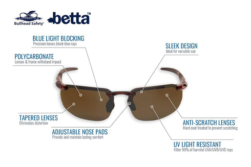 Bullhead Safety Betta Safety Glasses with UV Light Protection, Blue Light Glasses with Anti-Scratch Coating, Ballistic Rated, Brown Flash Mirror Lenses, Crystal Brown Frame