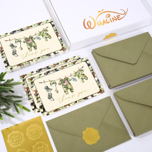 50 4 6 Inch Whaline Pcs Baby Shower Thank You Cards Greeting Cards with Envelopes Stickers Vintage Green Camouflage