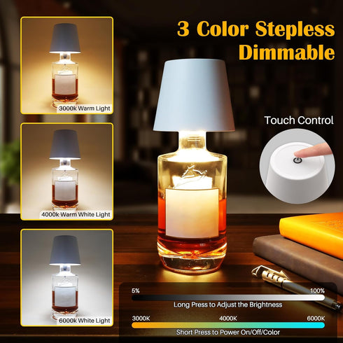 3 Dimming, Wireless Bottle Lamp,Metal Wine Bottle Light with Color Light Waterproof Bottle Touch Lamp Head for Room