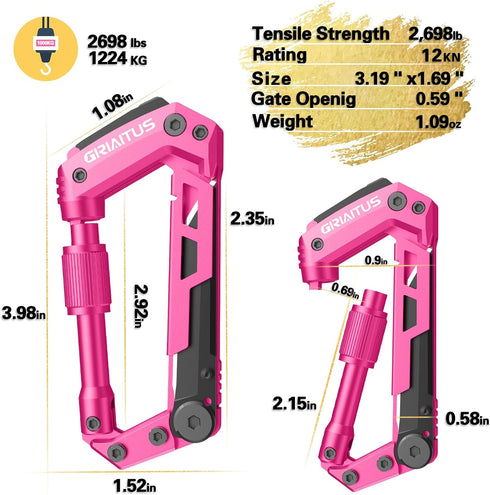 Carabiner Multitool with Pocket Knives, 8-in-1 EDC Carabiners, Pink Folding Serrated Knife, Can Bottle Opener, Rope