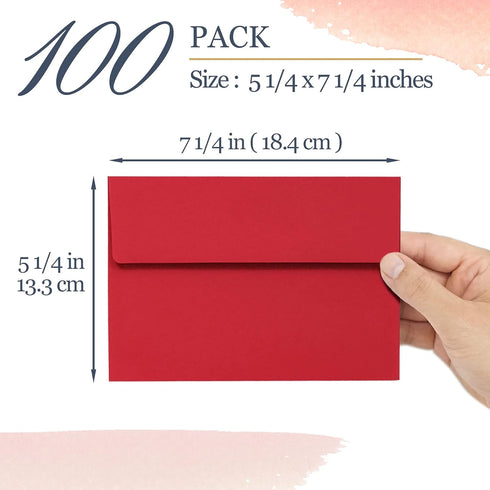Invitation Envelopes - 100-Pack 5x7 A7 Envelopes for Invitations - Red, 5 1/4 x 7 1/4 Inches