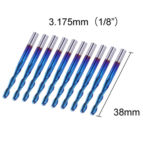 SainSmart Genmitsu 10Pcs Nano Blue Coat Flat Nose End Mill CNC Router Bits, 1/8" Shank Spiral Upcut 2 Flute Set