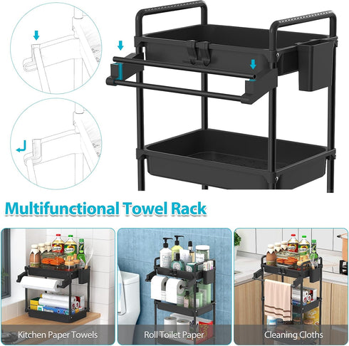 SPACEKEEPER Rolling Storage Cart, 4-Tier Mobile Bathroom Organizer with Towel Rack, Lockable Wheel, Hooks & Cup