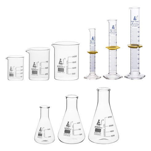 EISCO Laboratory Glassware Set, 9pcs - Beaker Set (3pcs), Erlenmeyer Flask Set (3pcs), Graduated Cylinder Set (3pcs)