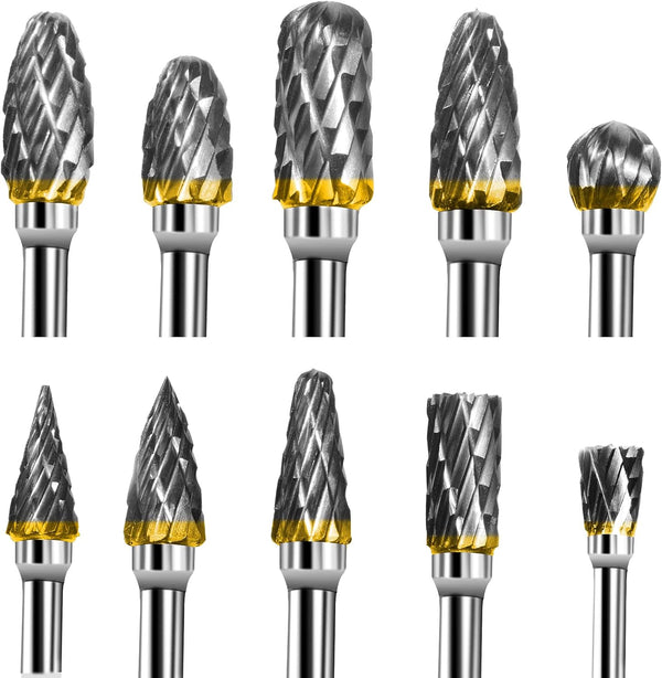 BIGOU Carbide Rotary Burr Set - 10PCS Double Cut Carving Burr Bits, Tungsten Carbide 1/8" Shank for DIY Metal Polishing