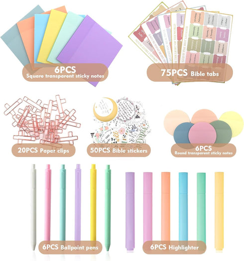 Bible Study Supplies, Bible Tabs and Highlighter Set with Ballpoint Pen, Transparent Sticky Notes, Christian Gifts