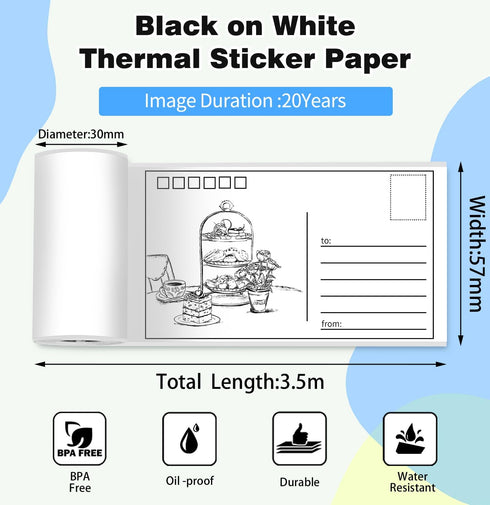 6 57 30mm,Compatible A6,Vretti TP6S Rolls Mini Thermal Printer Sticker Paper,Thermal Sticker Paper X with Most inkless