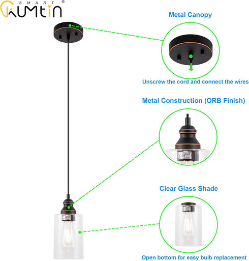 1-Pack Pendant Light Fixture, Adjustable Hanging Ceiling Lights, Anti-Rust Metal Hanging Light Fixtures with Clear