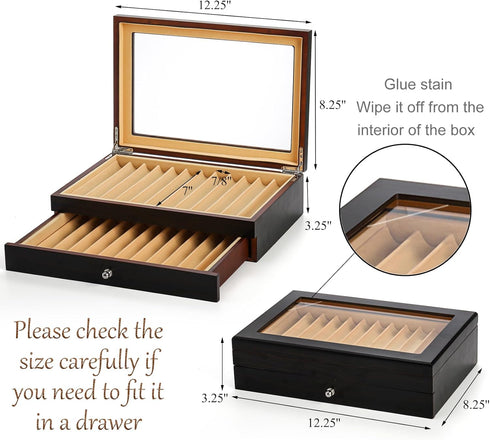 Yesland 2 Layer Ebony Wood Pen Display Box, 23 Slot Fountain Pen Organizer with Clear Glass Window, Luxury Collection