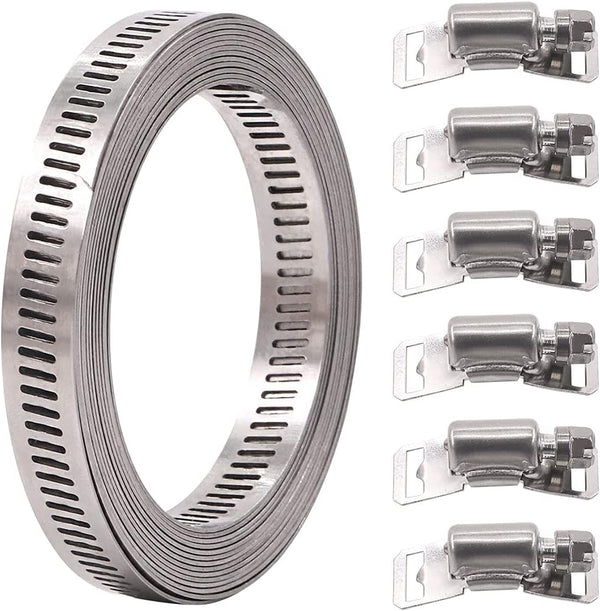 Glarks 7Pcs 10 Feet Long Worm Gear Hose Clamp with 6 Fasteners, 304 Stainless Steel Adjustable Pipe Clamps