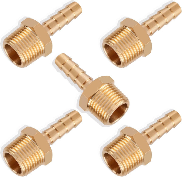 5pcs Brass Hose Barb Fittings - 1/4 Inch Barb to 3/8 Inch NPT Male Thread Air Hose Adapter Connector