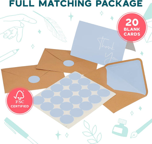 Set 20 Pack 4x6 VNS Creations Bundle - Thank You Cards With Envelopes Bulk & Stickers - - Light Blue and Navy Blank