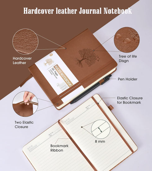 Lined Journal Notebook - 365 Pages A5 Thick Journal for Writing, College Ruled Hardcover Leather Journal, Daily