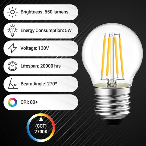 G45 E26 Bulb 120V 5W (60 2700K 550lm Non-Dimmable 6 Packs BlueStars Edison LED Filament Globe Watt Equivalent), Warm