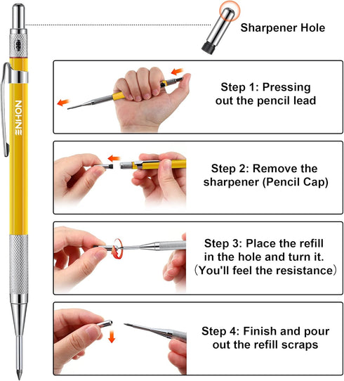 Enhon 2mm Mechanical Carpenter Pencil Set with 12 Marker Refills and Sharpener, Woodworking Marking Tool Solid Deep Hole Construction Pencil, Extended Needle-Nose Tip for Use in Jobs (Black, Yellow) by Enhon