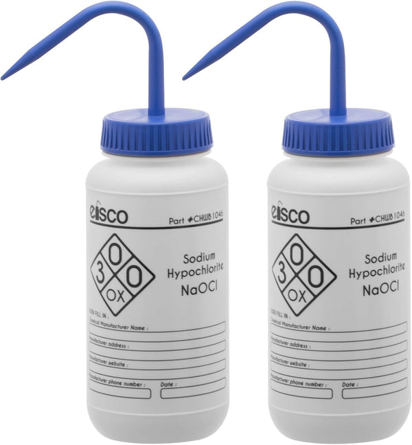 EISCO 2PK Wash Bottles for Sodium Hypochlorite (Bleach), 500ml, Labeled with Chemical & Safety Information