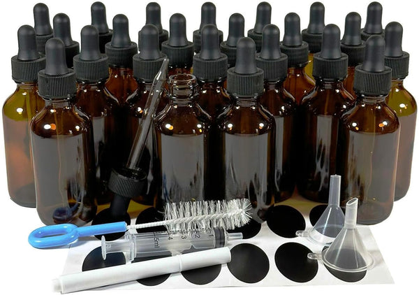 24Pack 2oz (60ml) Amber Glass Dropper Bottles, Essential Oil Bottles with Glass Eye Droppers