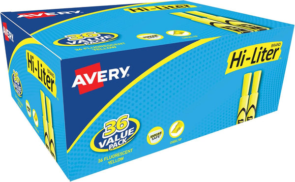 AVERY Hi-Liter Desk-Style Highlighters, Smear Safe Ink, Chisel Tip, Value Pack 36 Fluorescent Yellow Highlighters