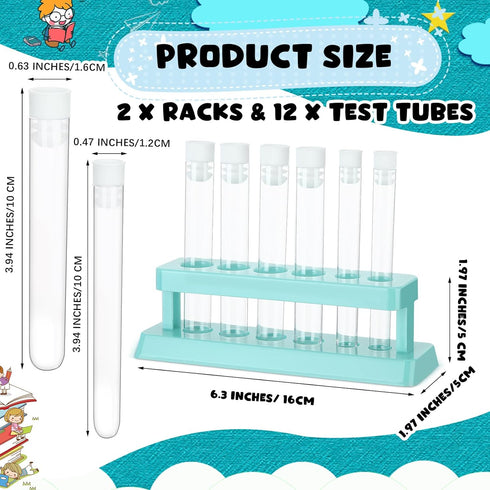 2 Sets Clear Plastic Test Tubes with Caps and Rack, 6 Holes Holder for Nurse Party Decorations, Scientific Experiments
