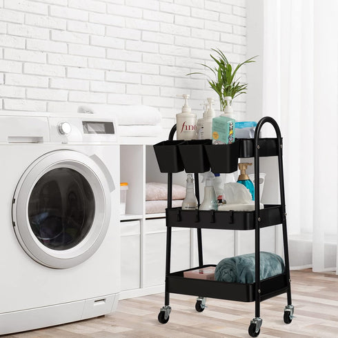 danpinera 3-Tier Rolling Cart, Metal Storage Cart with Lockable Wheels, Hanging Cups & Hooks, Black
