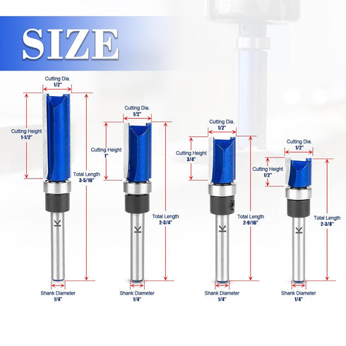 4Pcs 1/4 Inch Set,Cutting 1/2", 1/2", 3/4", 1", 1-1/2" Pattern Flush Trim Router Bits Shank, Bottom Bearing Carbide