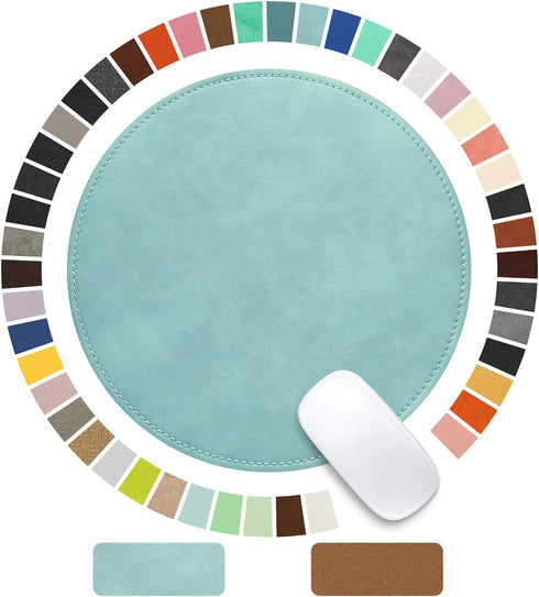 Round PU Mouse Pad, Leather Mouse Pad with Stitched Edge, Non-Slip Waterproof for Computers, 9 x 9 Inch (Light Blue)