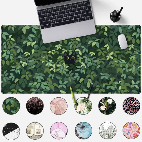Cute Cat Mouse Desk Pad - Kawaii Green Desk Mat, Large Gaming Mouse Pad for Computer Office, Non-Slip Base, Stitched