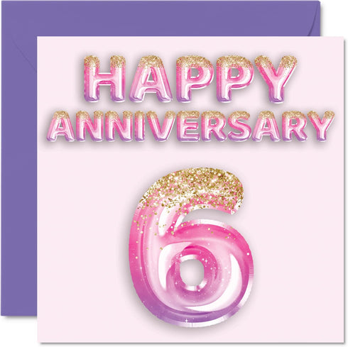 Pretty Iron Anniversary Card for Wife Girlfriend Husband Boyfriend - Pink Purple Glitter Balloons - Happy 6th