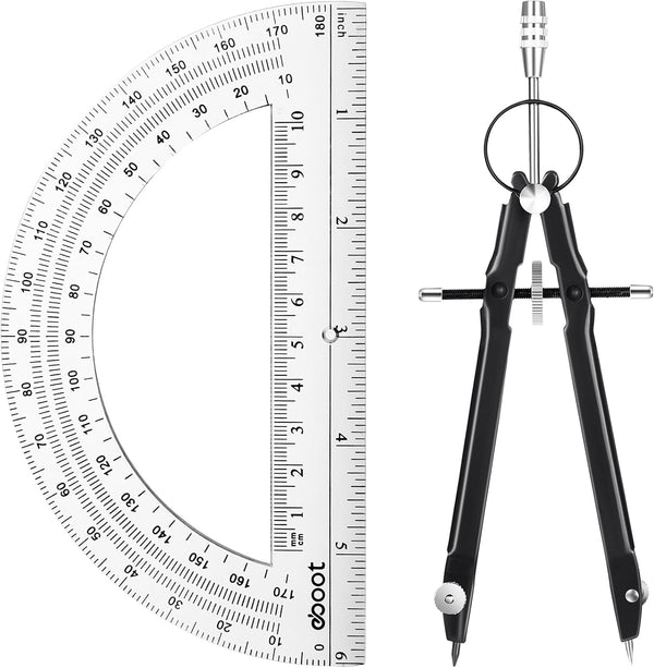 EBOOT Student Geometry Math Set, Metal Drawing Compass and 6 Inch Clear Swing