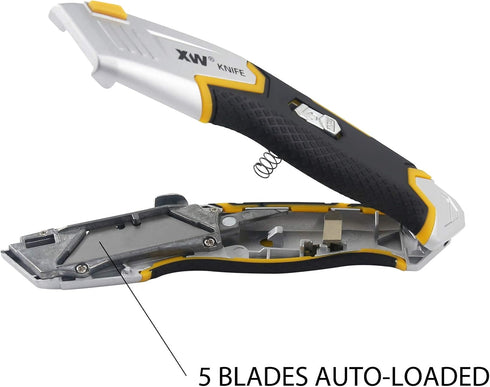 XW Auto Loading Utility Knife, 3-Position Retractable Box Cutter with 5 Pre-loaded Blades, Bonus 10 Blades Included by XW