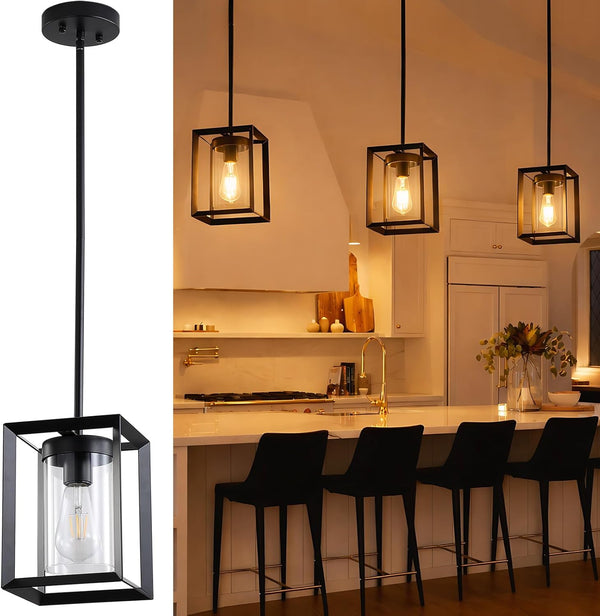 Sheenkarion 1 Pack Farmhouse Black Kitchen Island Pendant Light Fixture,Height Adjustable Metal Rod