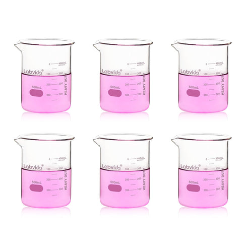 6pcs 500ml Upgraded Thick Glass Beakers, Griffin Low Form Beaker Set, Double Scale, 3.3 Boro, LVA013