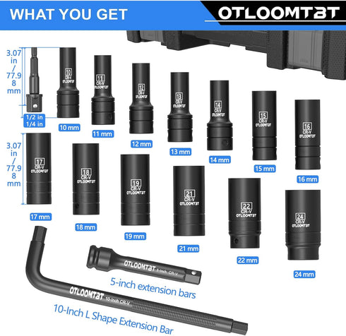 OTLOOMTBT 16PCS 1/2 Set, Sets, 5 In Drive Thicker Impact Socket High Durability Industrial Grade Deep Metric Sizes