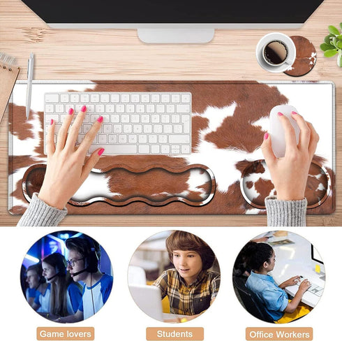 Large Mouse Pad with Gel Wrist Rest + Memory Foam Keyboard Wrist Rest Support Set, XXL Brown Cowhide Desk Mat