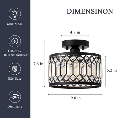 1-Light, 9 Inch Pevfah Crystal Black Ceiling Light, Modern Semi Flush Mount Ceiling Lighting Fixture, Round Hallway