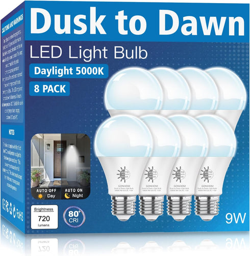 Gonhom 8 Pack Dusk to Dawn Light Bulbs Outdoor, 5000K-Daylight, 720LM, 9W(60W Equivalent)