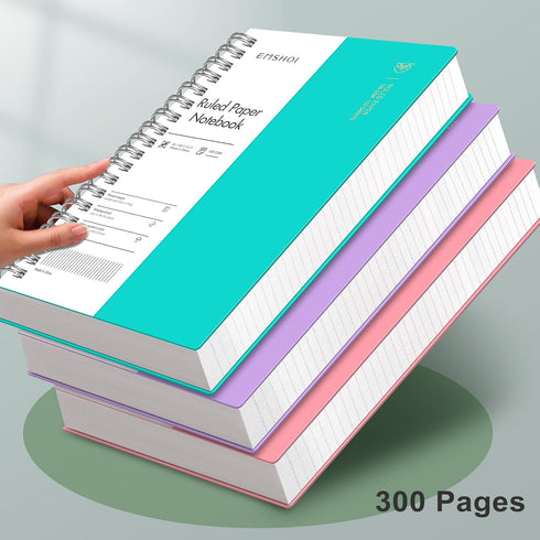 EMSHOI B5 Spiral Notebook - College Ruled Lined Journal, Large 300 Pages, Waterproof Hardcover for Office, School