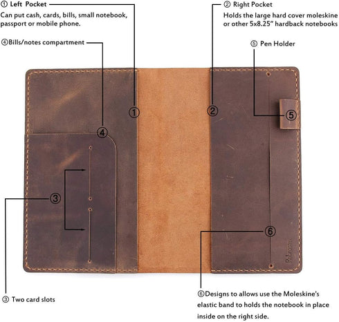 5"x8.25" Robrasim Leather Journal Cover Fits for Moleskine Large Hard Cover Notebook, Handmade Vintage Leather Cover