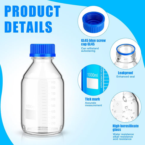 Irenare 8 Pieces Media Storage Bottles, 1000 ml Borosilicate Glass, Round Graduated with Blue GL45 Screw Cap