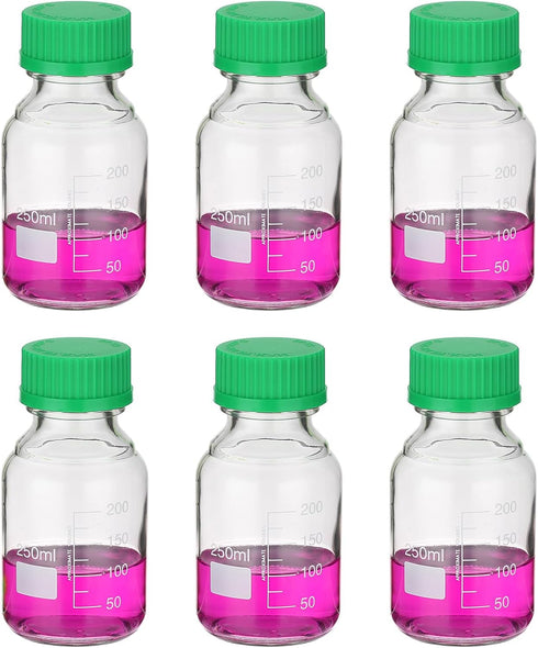 PATIKIL 6 Pack Reagent Media Storage Bottles, 250ml Borosilicate Glass Graduated Round Bottles with GL32 Green Cap