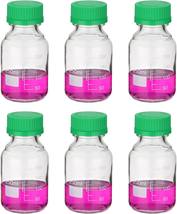 PATIKIL 6 Pack Reagent Media Storage Bottles, 250ml Borosilicate Glass Graduated Round Bottles with GL32 Green Cap
