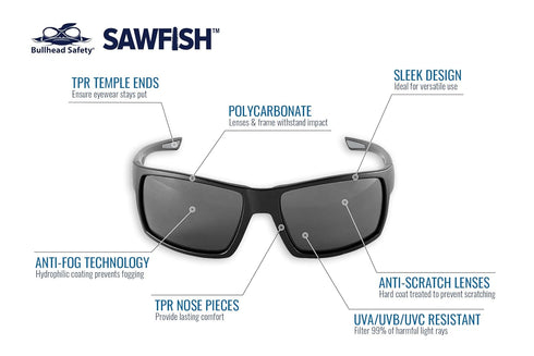 Bullhead Safety Eyewear BH2663AF Sawfish, Matte Black Frame/Temple, Smoke Anti-Fog Lens, Gray Tpr Nose Piece And Temple Ends