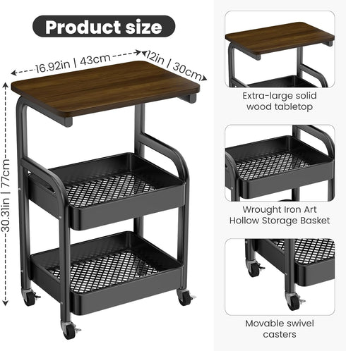 Generic 3 Multi-Purpose Tier Rolling Cart with Walnut Table Top, Metal Utility Storage Cart with Lockable Wheels