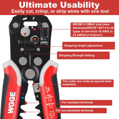 WGGE WG-014 Self-Adjusting Insulation Wire Stripper, 3 in 1 Automatic Tool for AWG 10-24
